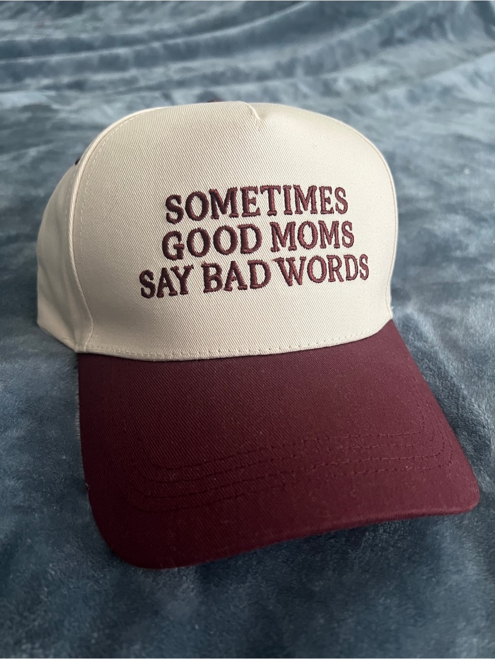 Women’s Two-Tone Trucker Hat - Cream & Burgundy with Embroidered Slogan